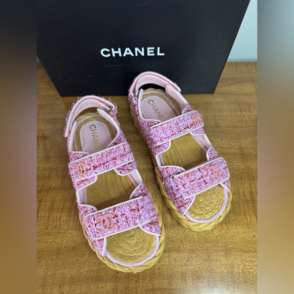 Authentic Chanel Pink Tweed Dad Sandals size 36.5 - Picture 9 of 16